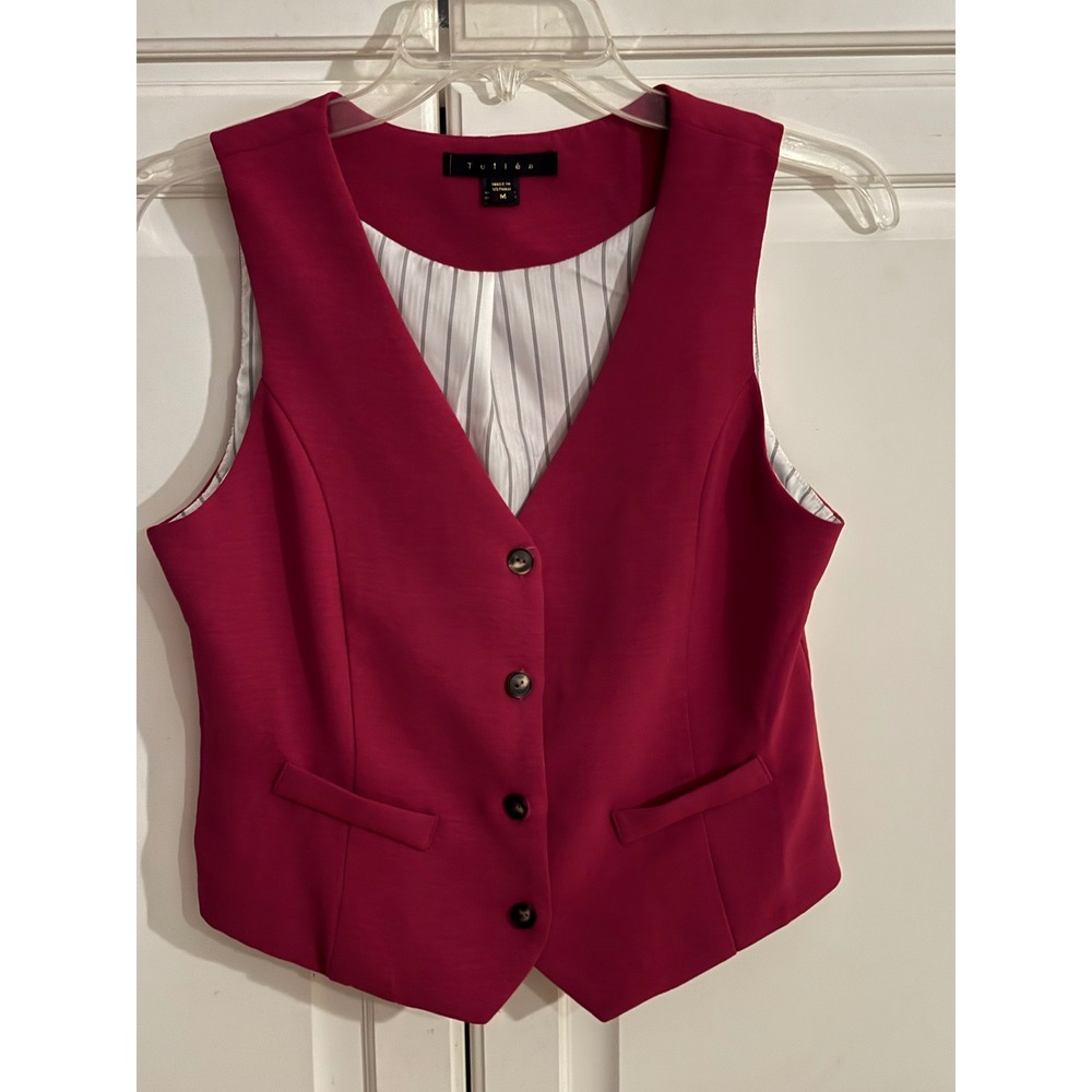 Tullea Magenta Pink Button Front Tailored Waistcoat Vest Pinstripe Lining Medium